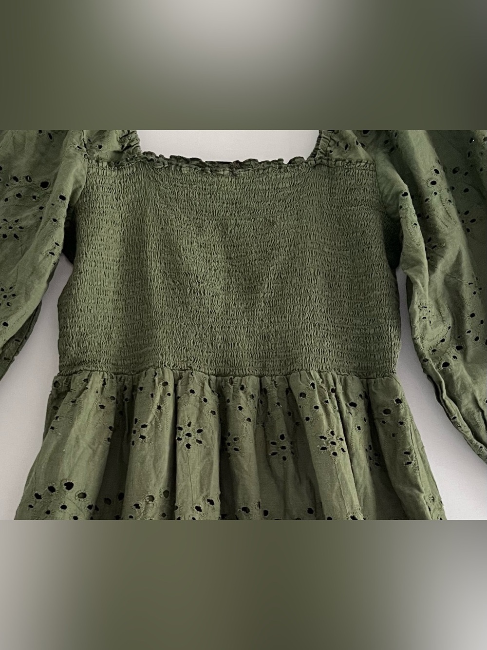 Rebellion Again Green Smocked Eyelet Lace Puff Sleeve Dress - Picture 2 of 10